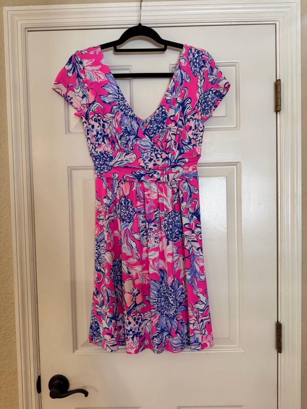 Lilly Pulitzer Pink & Blue Floral V-Neck Mini Dress SZ M